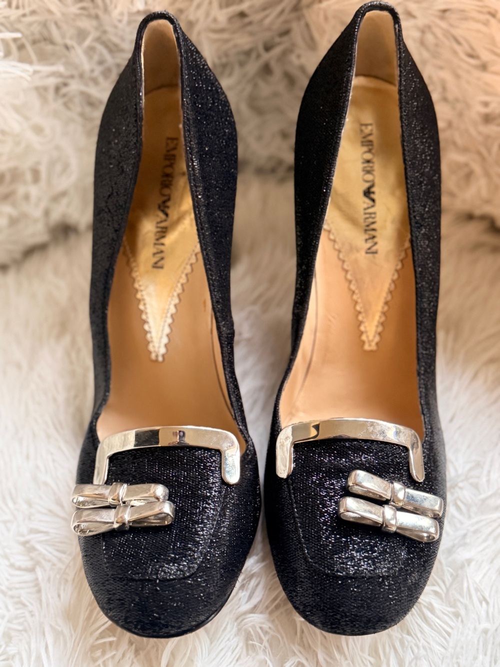 Emporio Armani Black Glitter Loafers with Silver Buckle